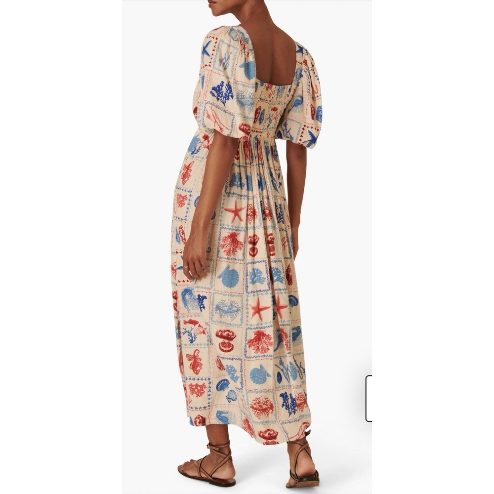 Nobody's Child Nova Print Puff Sleeve Maxi Dress Nautical Linen Beach Shells‎ - Picture 2 of 16